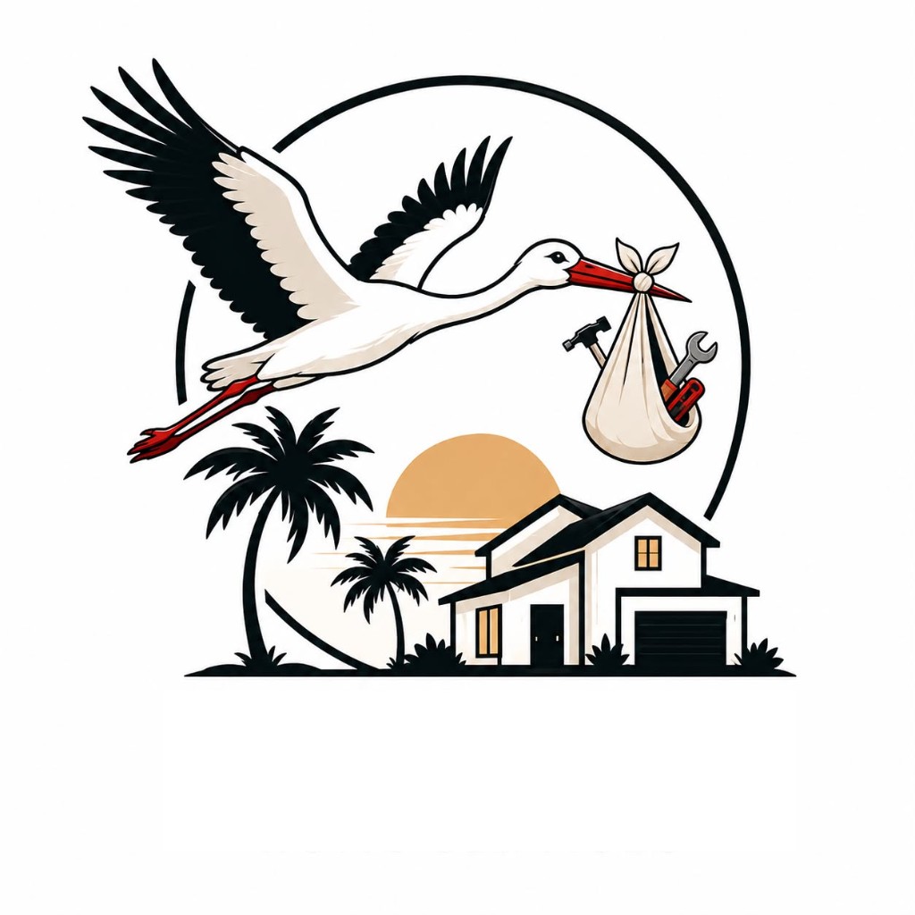 Stork Home Services logo: a stork carrying tools over a Florida home