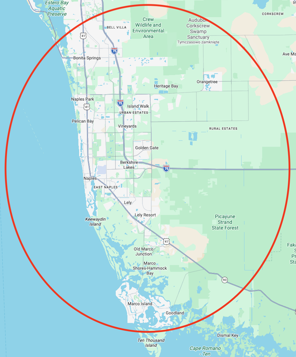 Service area map covering Naples, Marco Island, Bonita Springs, and nearby Collier County