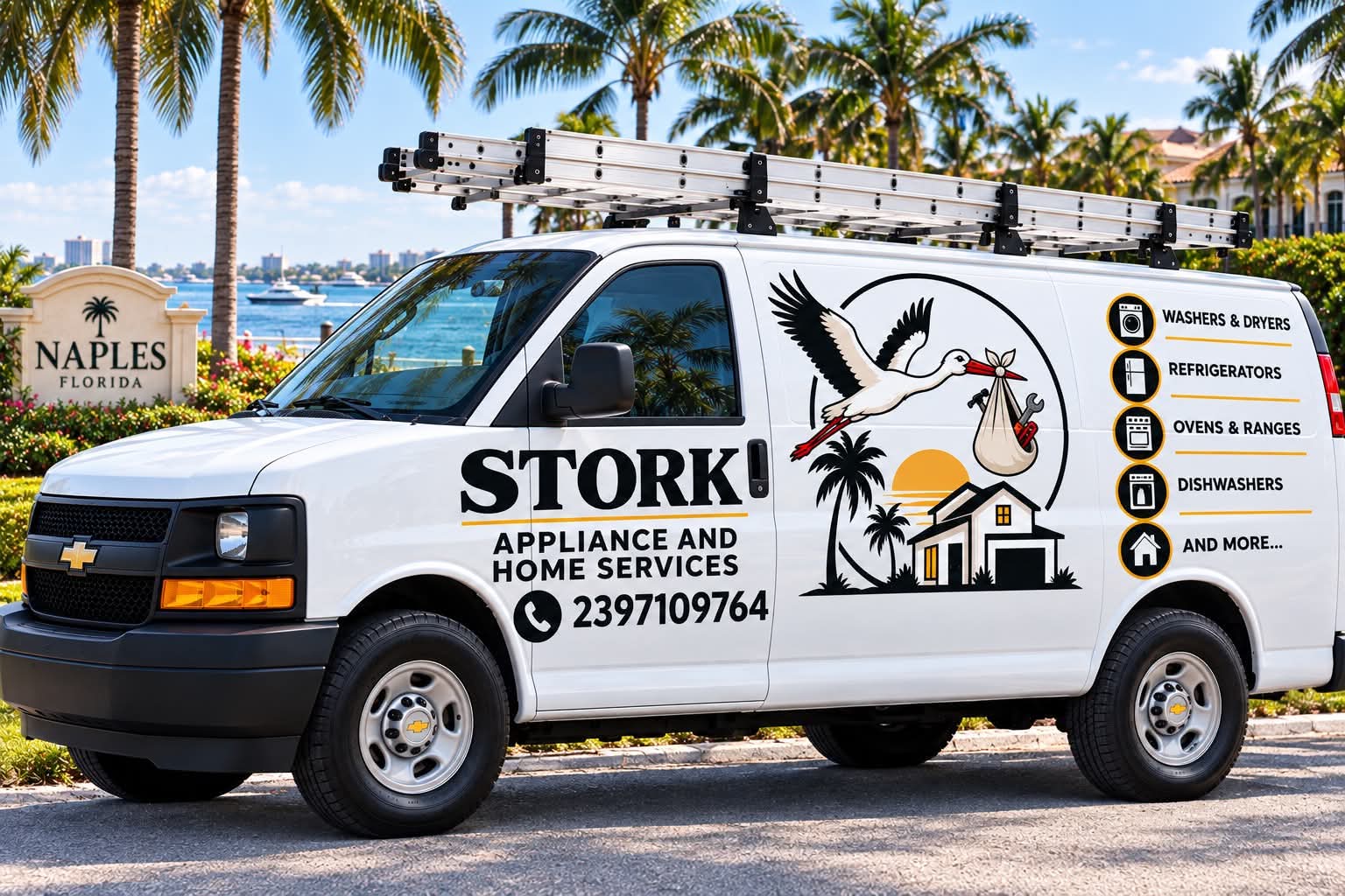 Stork appliance and home services van in Naples, Florida